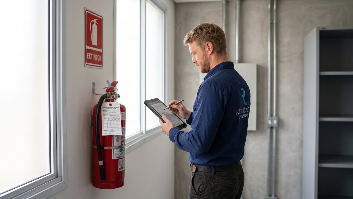Engenheiro da Referência Engenharia inspecionando extintor com tablet